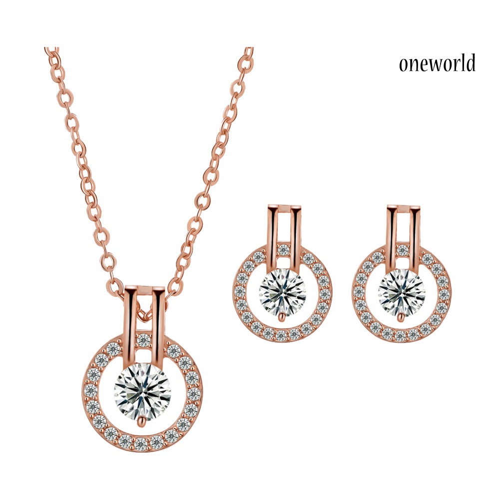 OW@ Women Full Cubic Zirconia Hollow Round Pendant Necklace Stud Earrings Jewelry Set