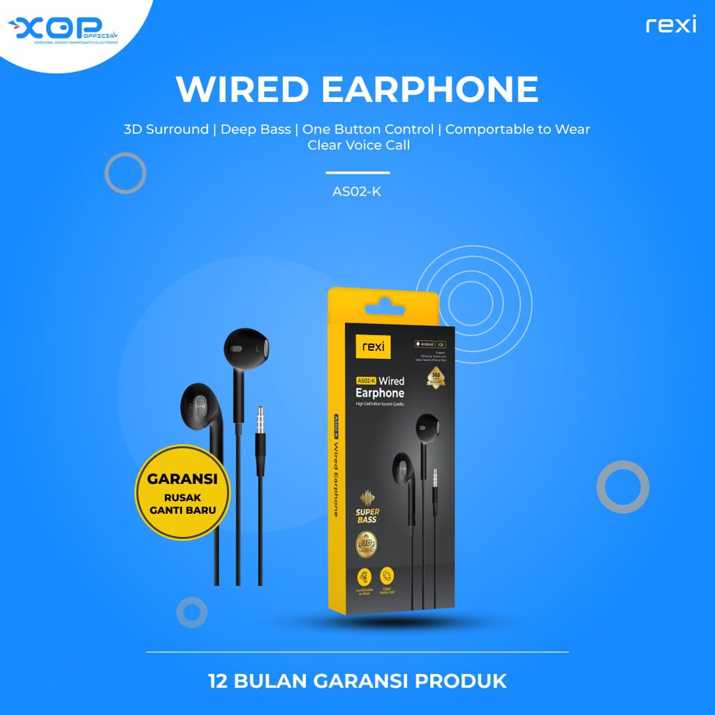 Rexi Hansfree  AS02K Wired Earphone In-Ear Handsfree 3D Stereo Sound Original henset