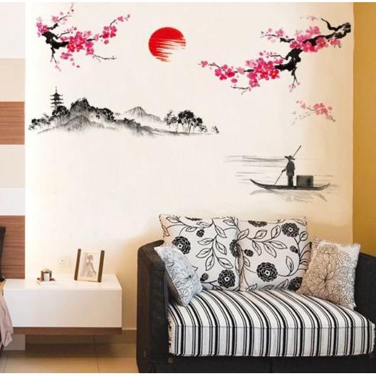 Stiker Dinding Wallpaper 60x90cm Motif Karakter Bunga Sakura Jepang Pe