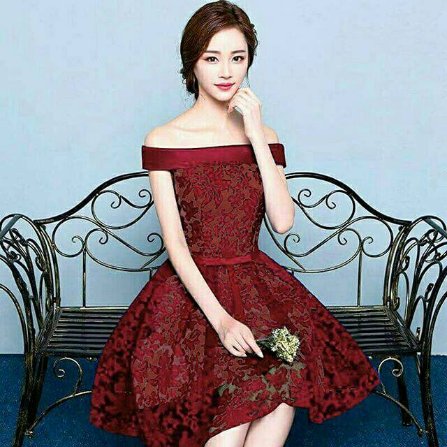 Dress brukat alisa merah marun terusan pesta red maroon natal tahun baru imlek wanita korea pita
