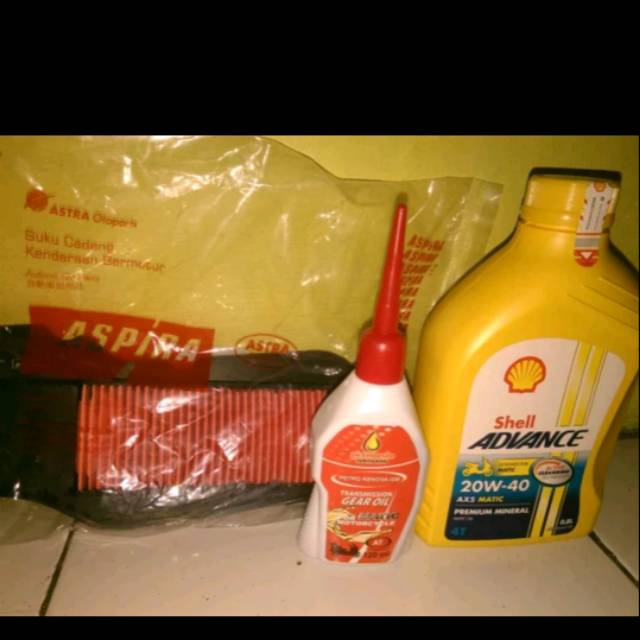 Paket filter udara mio smile/sporty Aspira + paket oli mesin Shell ax5 SAE 10-30W dan gardan 120ml