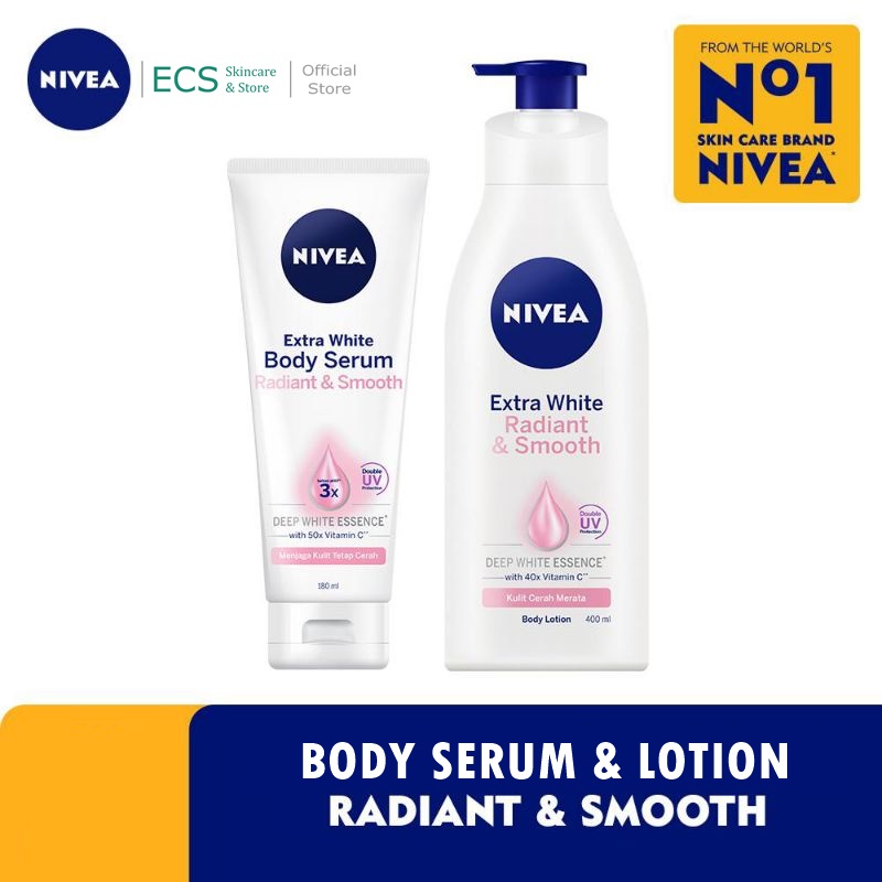 NIVEA Extra White RADIANT &amp; SMOOTH Body Serum / Body Lotion UV Protection Mencerahkan Kulit - Ukuran 180ml / 400 ml / 200ml / 100ml (Kemasan Besar Kecil Sedang) - Handbody Hanbody Hand Body Handbodi Hanbodi Radian Smoth