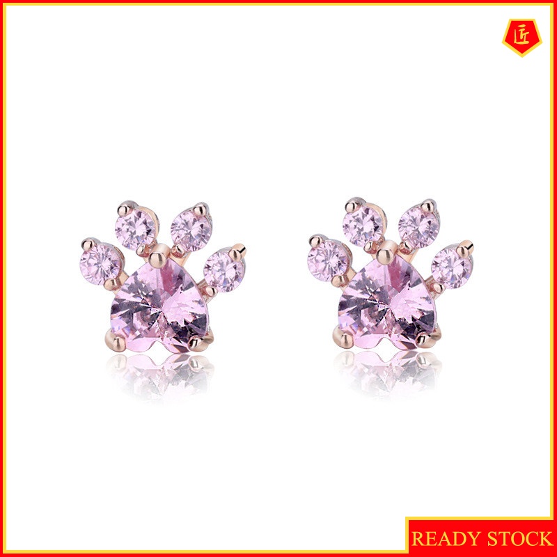 [Ready Stock]Creative Footprints Pink Crystal Rose Gold Stud Earrings