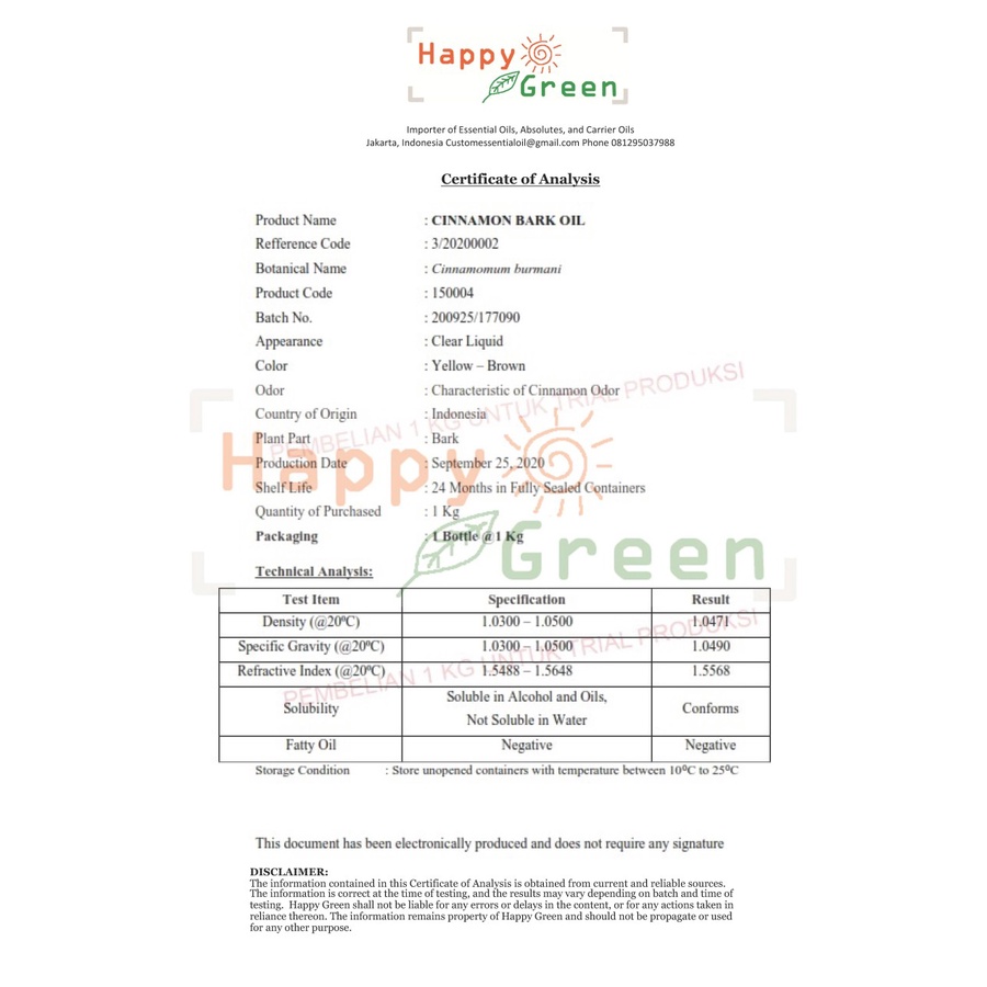 Happy Green Cinnamon Bark Essential Oil (10 ml) - Minyak Kayu Manis