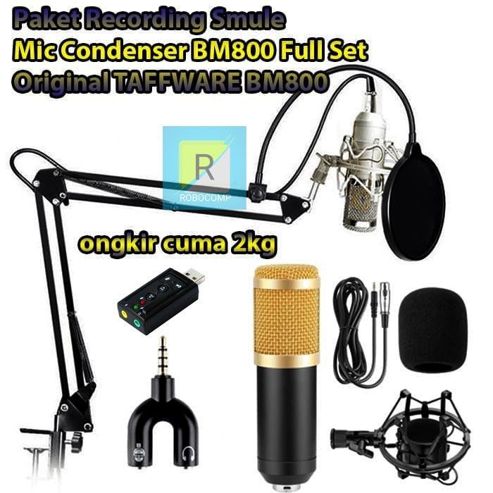 PAKET KOMPLIT MIC CONDENSER BM 800 + STAND + POP FILTER + SOUNDCARD + SPLITTER