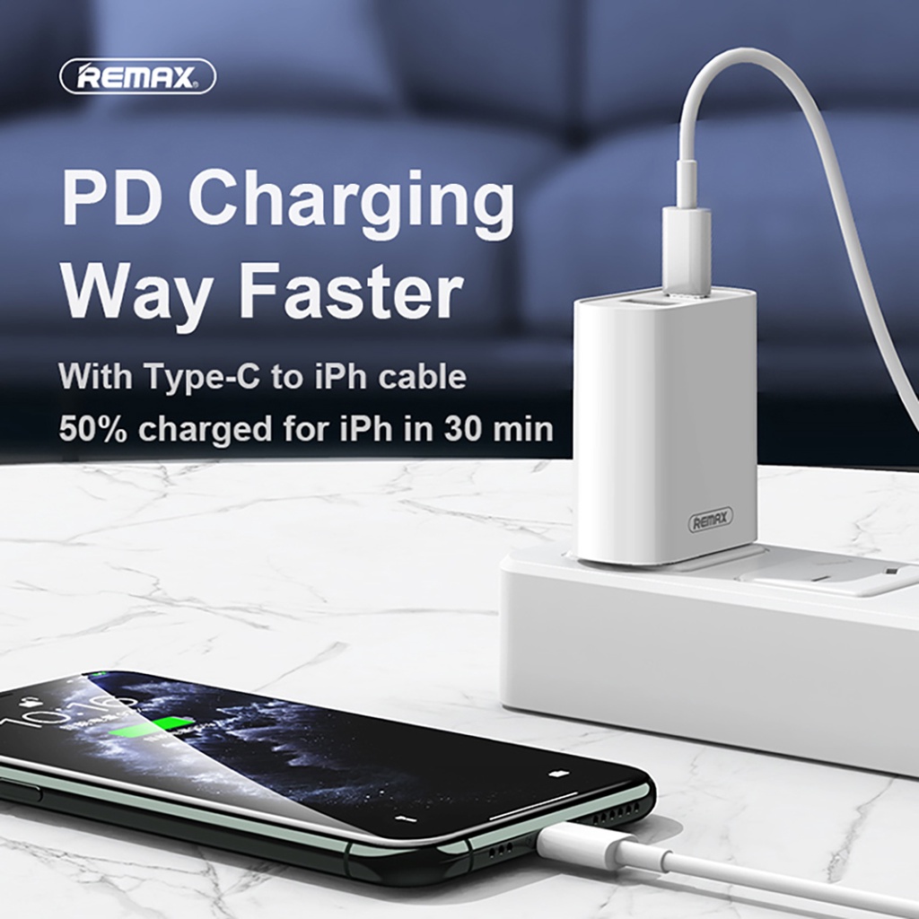 Remax Jane Bundling Charger Adapter 2 port Fast Charging 18Watt + Kabel Data Type C To Lighting iPh RP-U37 Original