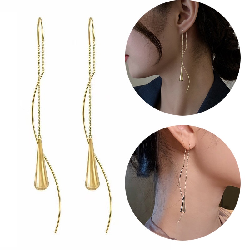Anting Gantung Panjang Kait Motif Tetes Air Aksen Rumbai Untuk Perhiasan Wanita 2021