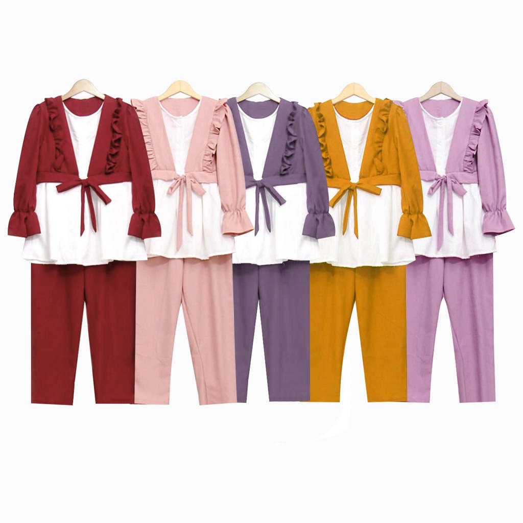 Qalisya Label / Selena Kids Set bahan crinkle - Baju Setelan Anak Perempuan / Setelan Baju Dan Celana Mango Crepe Premium/ Size L Fiit 7-10 Tahun