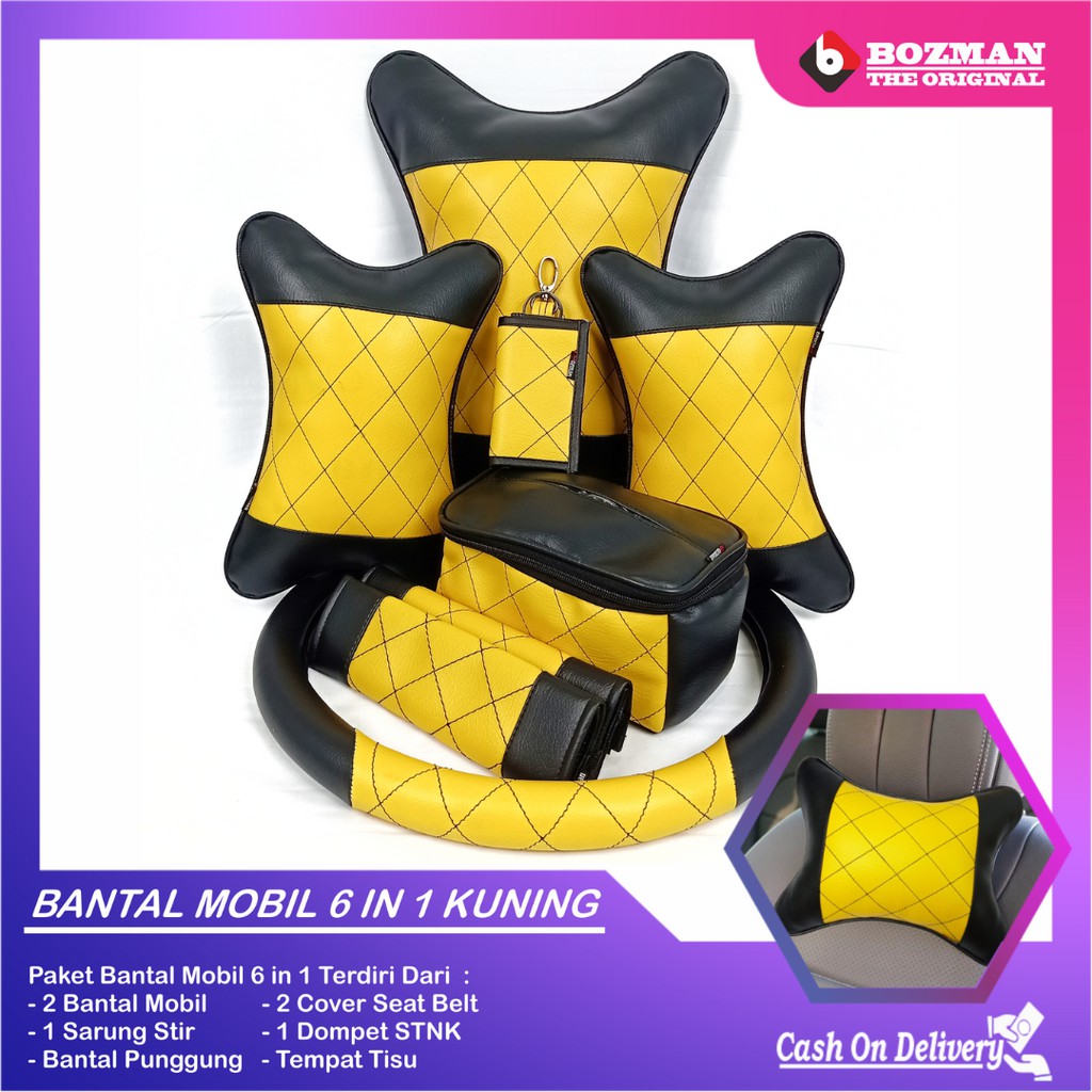 Set Bantal Mobil 6 in 1 Bantal Mobil Seatbelt Sarung Stir Dompet STNK Bantal Pinggang Tempat Tissue Premium