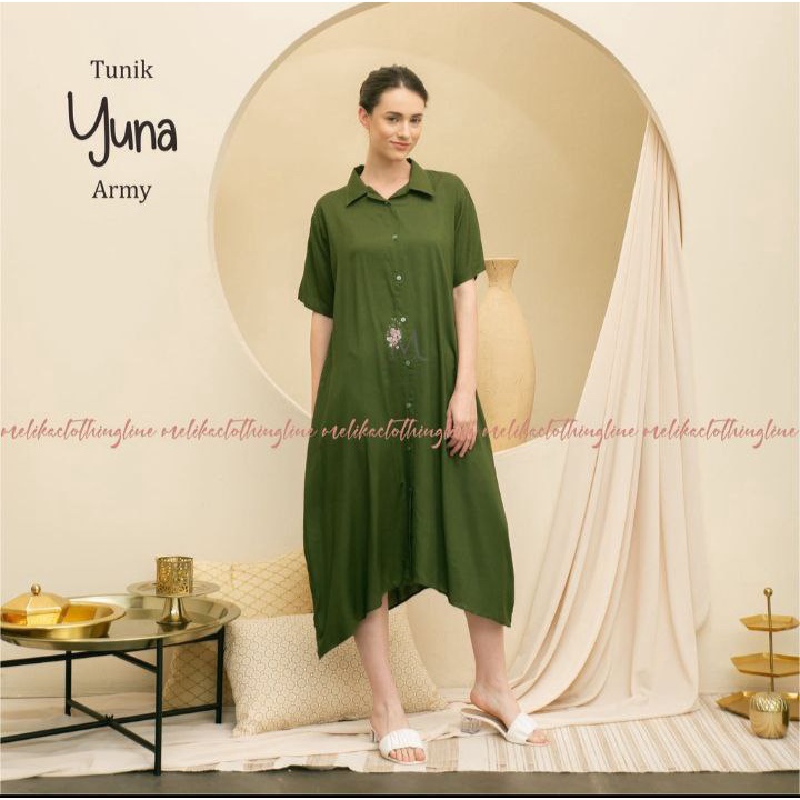 Tunik Wanita Polos Tunik Yuna Rayon super halus tebal tidak nerawang  LD 120cm PB 105cm Muat BB 90kg Kerah Kemeja Full Kancing aktif  Saku Samping