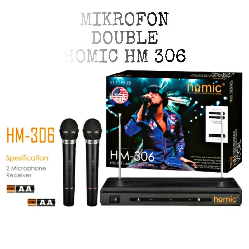 Mikrofon Wireless Double Homic HM 306 Suara Mantap / Mik dobel pakai batre / Mik Karaoke dobel