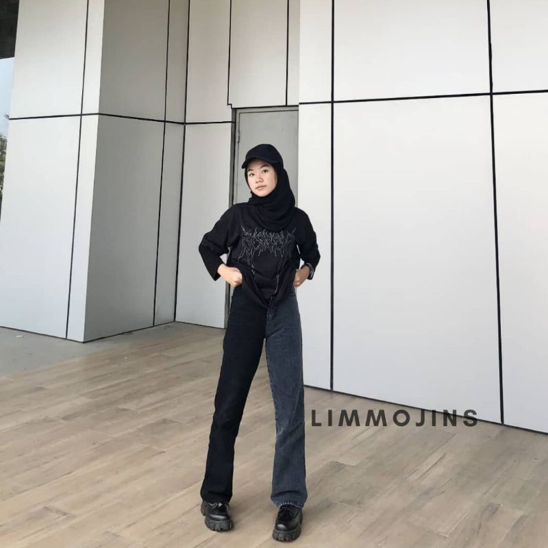Highwaist Jeans Loose Snow Black Premium Celana Panjang Wanita Korea HW Kulot Limmojins