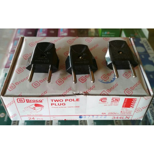 (1 pack isi 24 pcs) Steker / Colokan Broco Gepeng / Pipih - Warna Hitam SNI