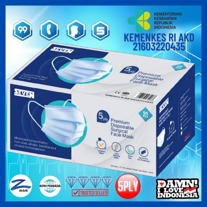 Masker Surgical Medis Seven 5Ply Kemenkes AKD 5 Ply isi 50 Pcs