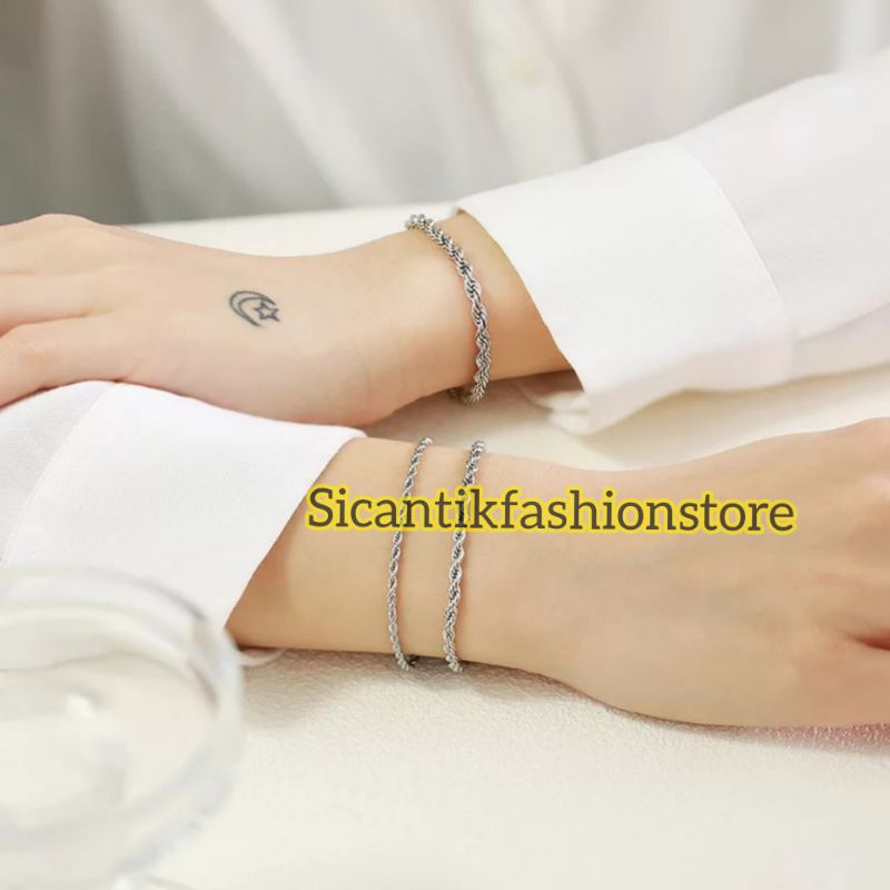 Gelang Tambang lilit Silver 19CM Fashion Pria Wanita Anti Karat Tidak Luntur Gelang Pria Wanita