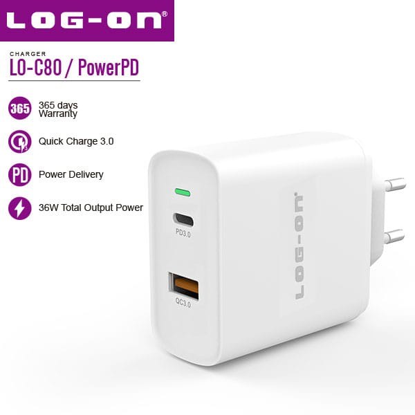 CASAN CHARGER LO-C80 POWERPD QUALCOM  3.0 - POWER DELIVERY USB C -36W ORIGINAL - LOG ON