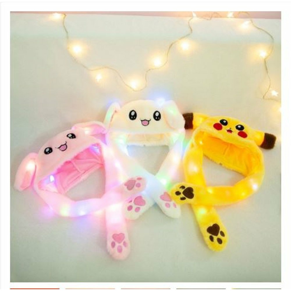 topi boneka bergerak telinga tik tok led dan tidak led karakter kartun