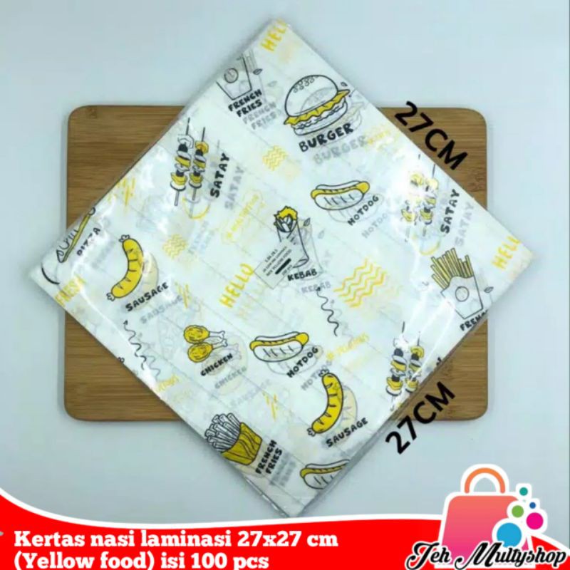 

Kertas nasi laminasi ukuran 27x27 cm (yellow food,Bread,Newspaper,love) anti lengket isi 100 pcs