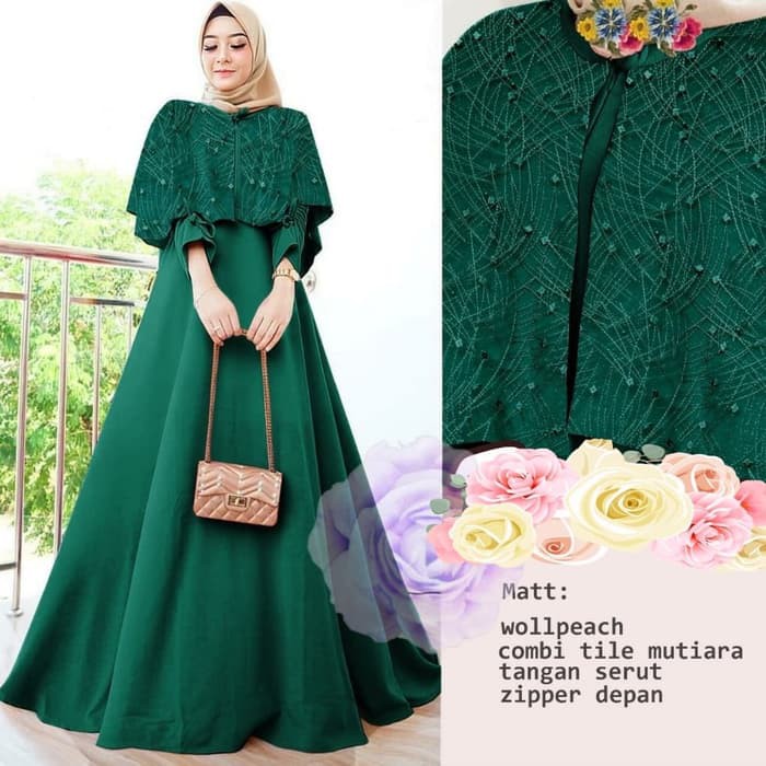 Agra1363 GAMIS FERINA HIJAU BOTOL MOSCREPE TILE MUTIARA BAJU LEBARAN GB