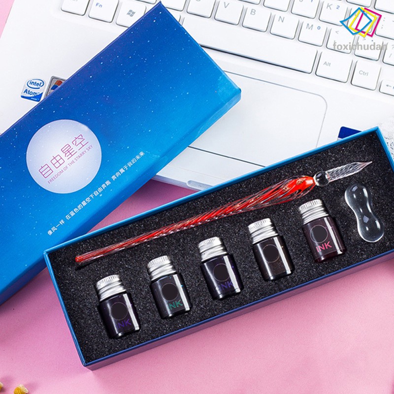 Fcd 7 Pieces Set Crystal Glass Dip Pen Water Fountain Pen Set