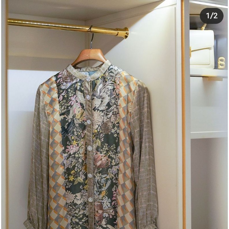 full booked mix pattern shirt preloved size L benang jarum x raisa buttonscarves