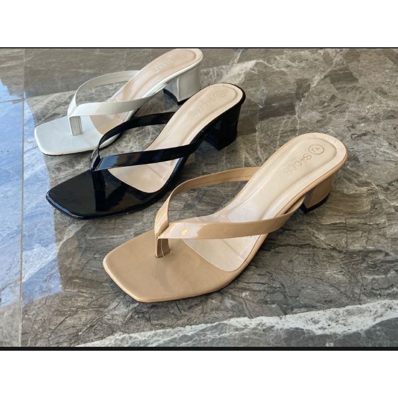 Sandal wanita block hels jepit simple hak tahu 5 cm sendal terbaru