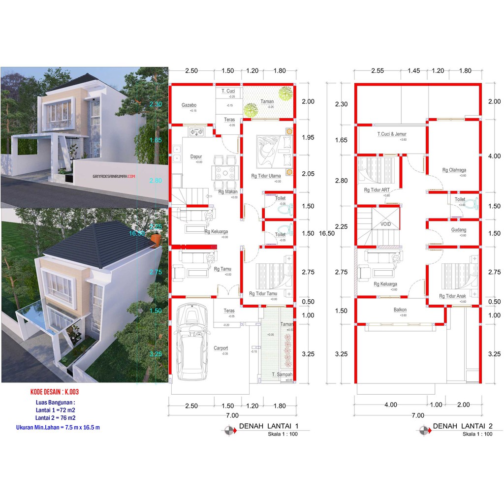 Desain Rumah Minimalis 2 Lantai Lebar 7.5 Meter