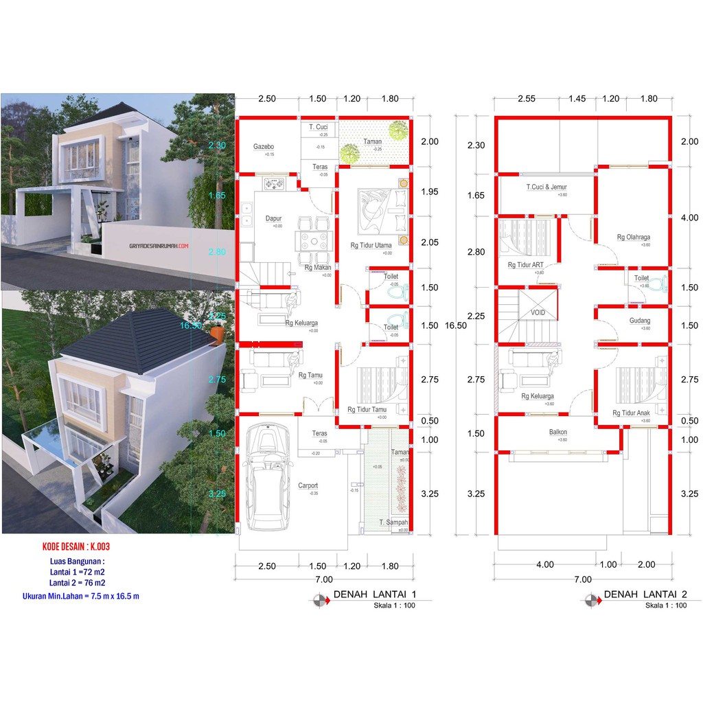 Jual Desain Rumah Minimalis 2 Lantai Lebar 7.5 Meter | Shopee Indonesia - Gambar Denah Rumah 2 Lantai Lengkap Dengan Tampak Dan Potongan