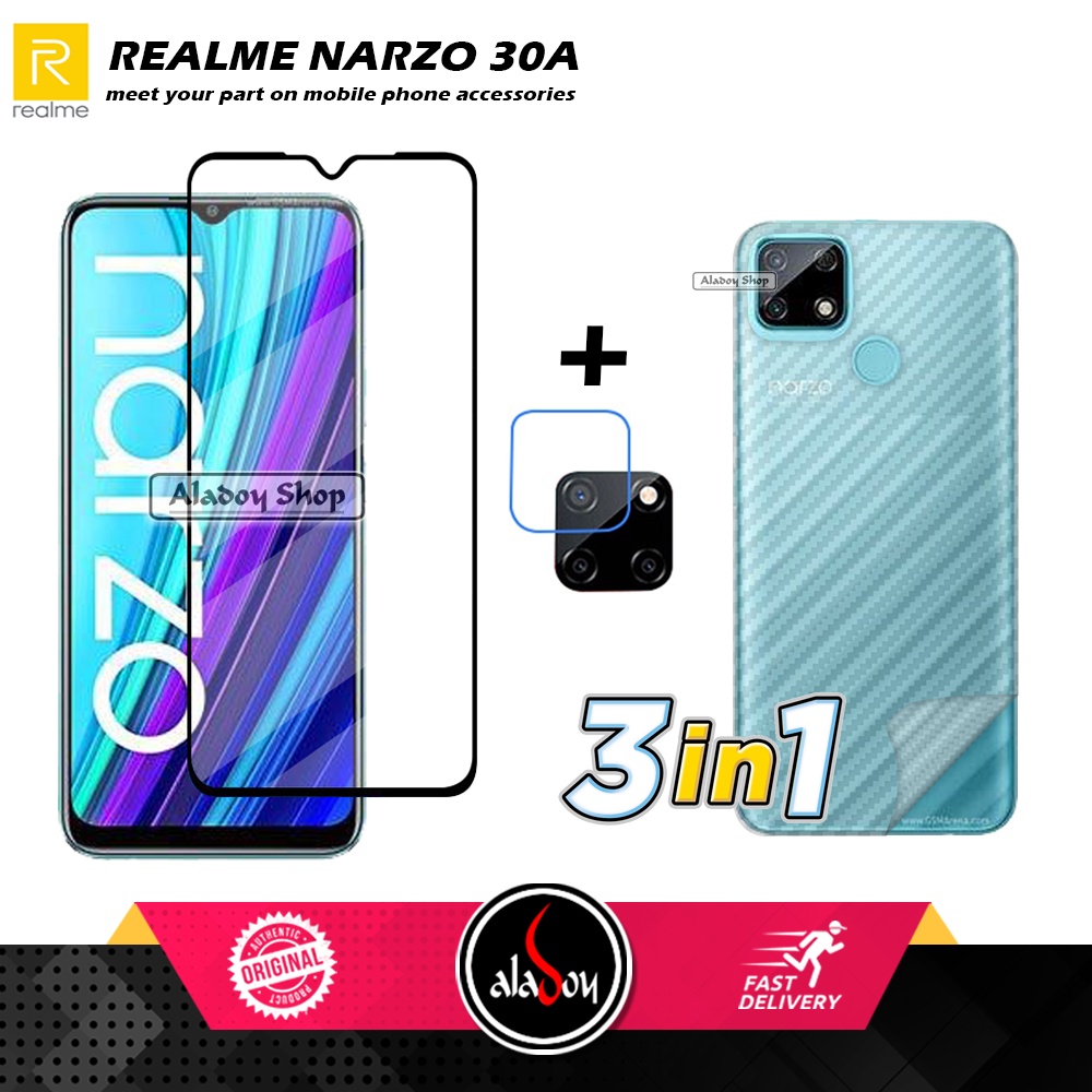 Tempered Glass Realme Narzo 30A 2021 Free Tempered Glass Camera Lens dan Skin Carbon