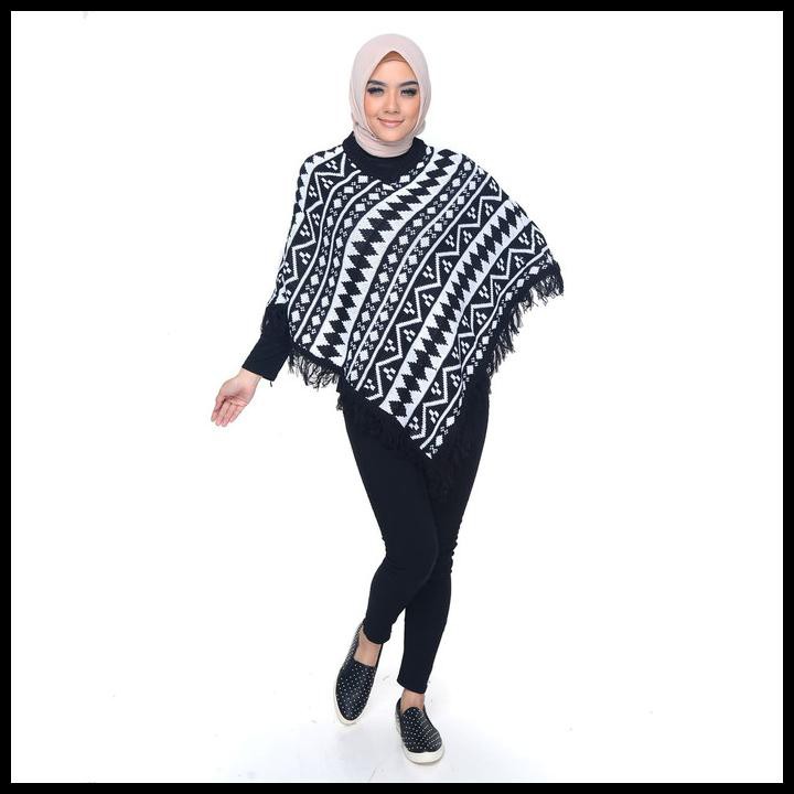Ponco Maroko Okechuku Knit Outer Sweater Rajut Wanita Fashion Korea - Marun Abu