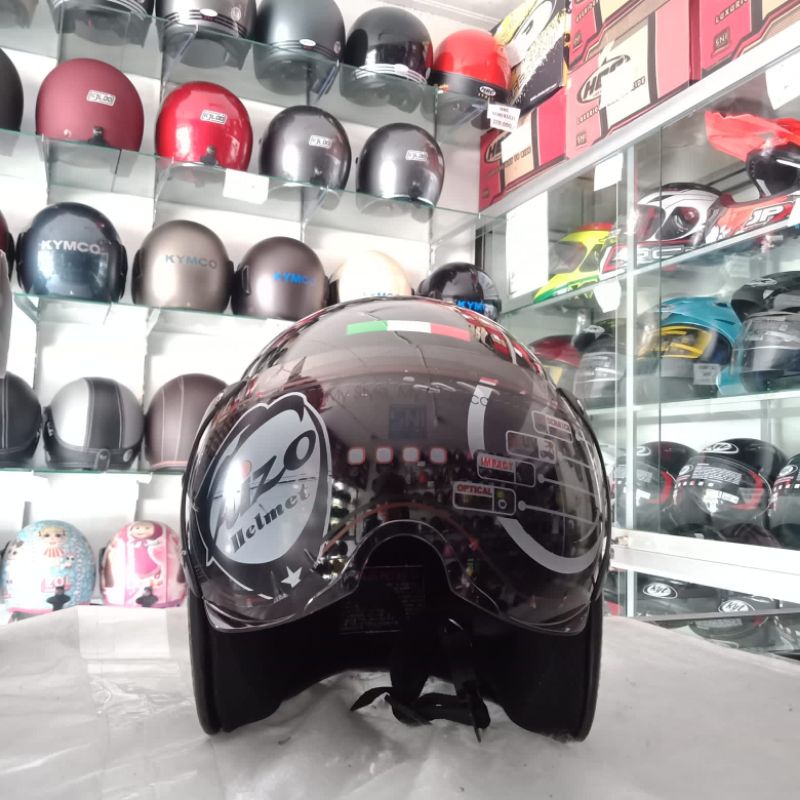Aizo Helm Pilot Italy Half Face Dewasa Kaca Pilot Hitam Glossy Standar Keamanan SNICODPackBubbleWrap