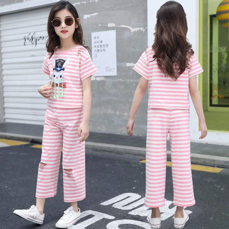 Baju Setelan Anak Perempuan Rabbit Stripe Pink