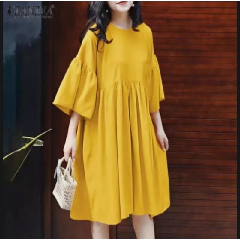MIDI DRESS AUDY POLOS LENGAN LONCENG// BAHAN MOSCREPE PREMIUM