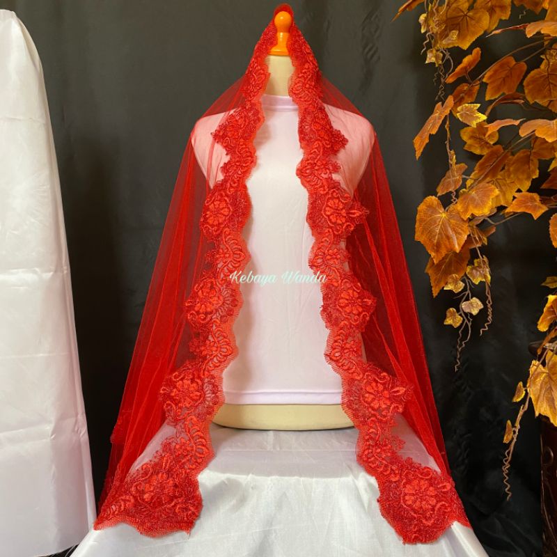 Ready Kerudung Pengantin / Veil Pengantin / Selendang Akad Slayer / Kerudung Akad / Wedding Veil-Merah Cabe