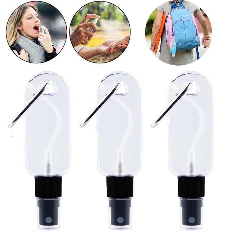 30/50ml Travel Spray Bottles with Hook/ Liquid Shampoo Liquids Lotion Cosmetic Containers/ Mini Plastic Refillable Empty Mist Sprayer Bottle with Keychain Clip