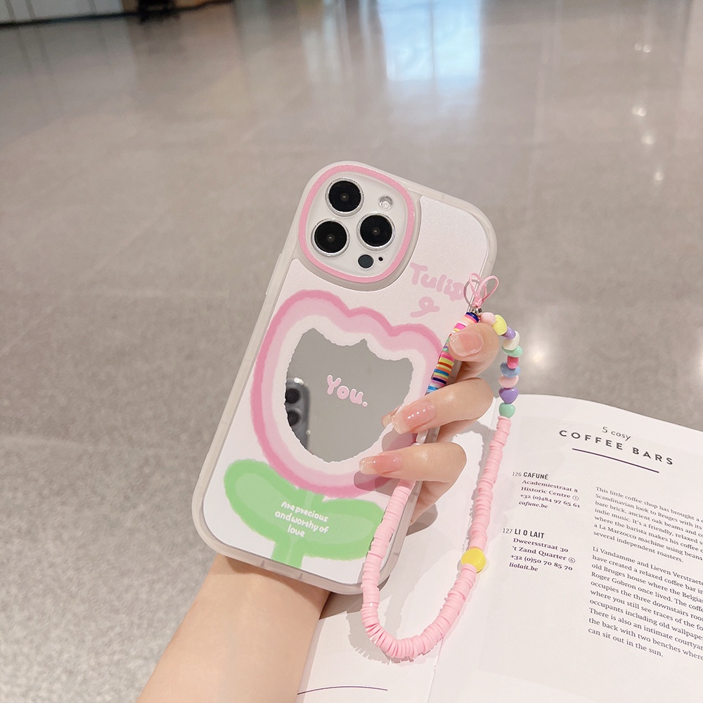 Case Pelindung Desain Bunga Tulip Pink Dengan Rantai Manik-Manik Untuk Iphone 7 8 PLUS XR XS 11 12 13 14 MINI PRO MAX SE 2020