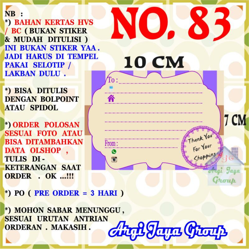 

Label Pengiriman Alamat Olshop Murah Nomer 83 - 10x7cm - Kertas BC (Manila)