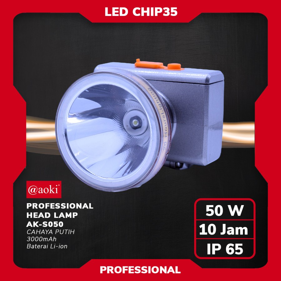 COD SENTER KEPALA LED PROFESSIONAL HEADLAMP 50 WATT AOKI AK-S050 CAHAYA PUTIH 3000mAh