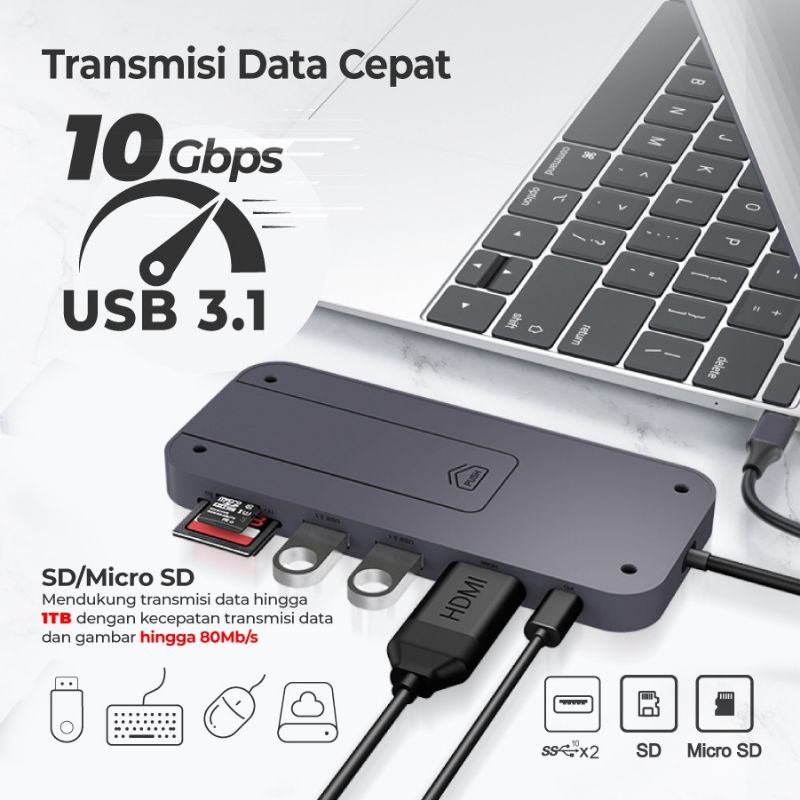 USB Type C 3.1 Hub Converter HDMI SD/TF+M.2 SSD 7 in 1 PX UCH-600