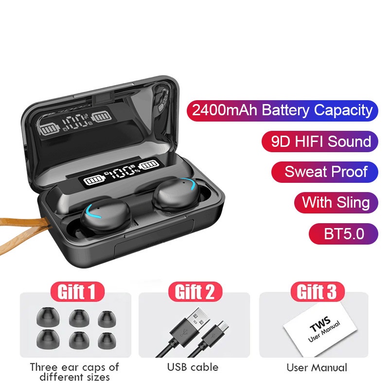 【COD】TWS F9 Headset Bluetooth 5.0 HIFI Stereo Noise Reduction Touch Control Wireless Earphone With  Mic