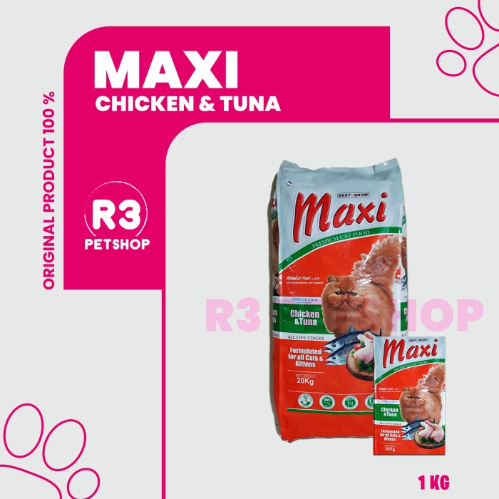 Makanan Kucing kering MAXI Cat rasa Chicken Tuna 1 kg @7bungkus(EKSPEDISI)