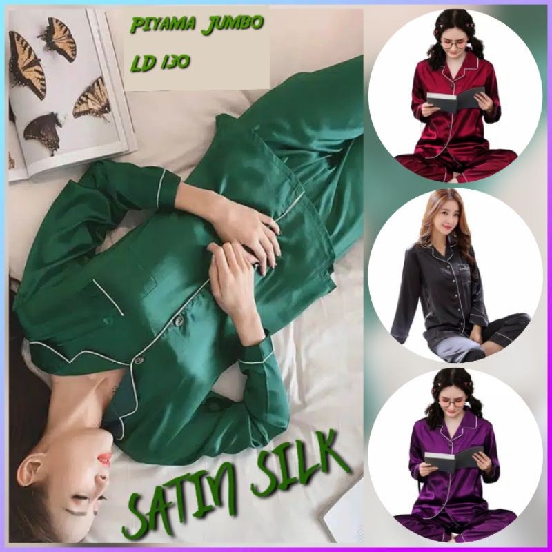 baju tidur satin lengan panjang stelan celana jumbo wanita set piyama big size polos ld 130