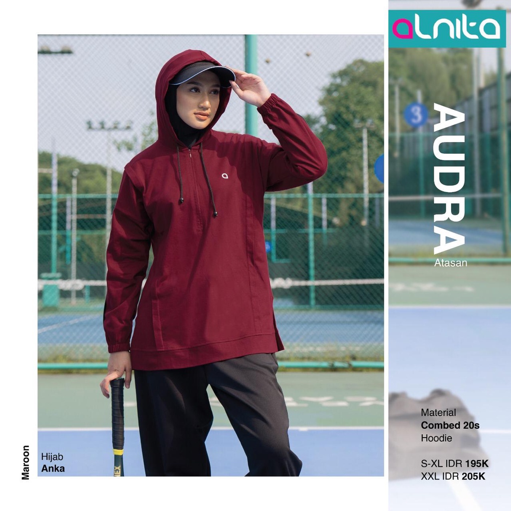 Alnita Atasan Olahraga Audra Bahan Combed 20's Atasan Wanita Olahraga Muslimah Hoodie Simpel Kekinian bisa COD