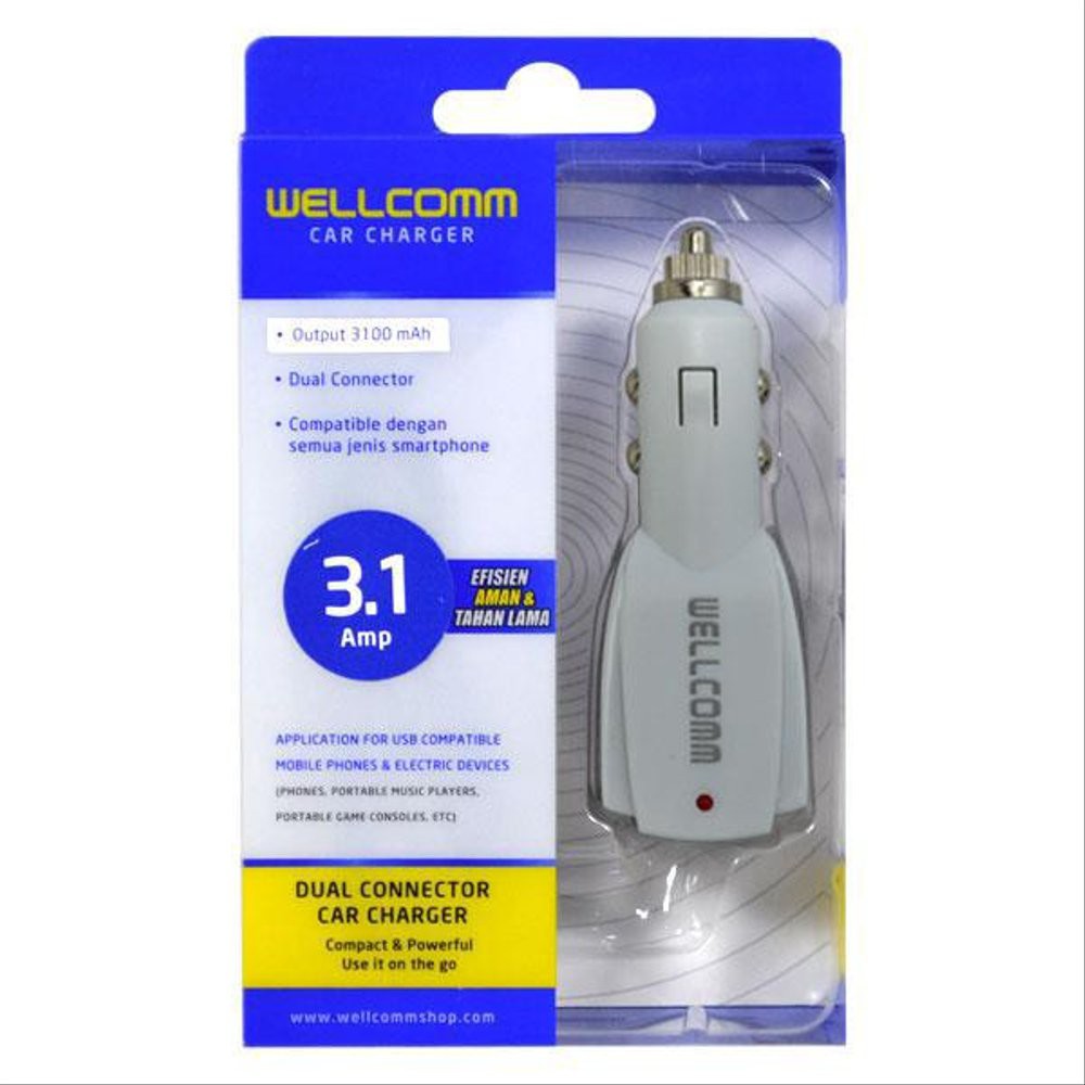 WELLCOMM charger mobil 2 usb ports 3.1A saver wellcomm 3.1A