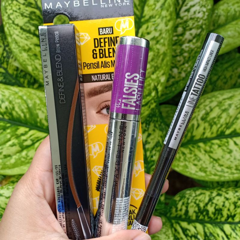 MAYBELLINE Eye Make Up Mascara Falsies Lash Lift + Impact Eyeliner Tatto + Pensil Alis Define Blend