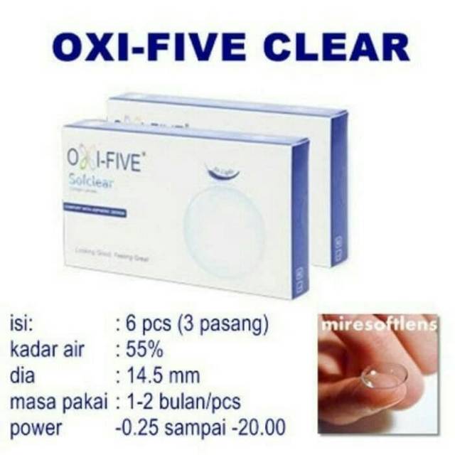 Softlens OXI FIVE CLEAR/soflen bening bulanan isi 3 psg kadar air tinggi/ready s/d -10.00