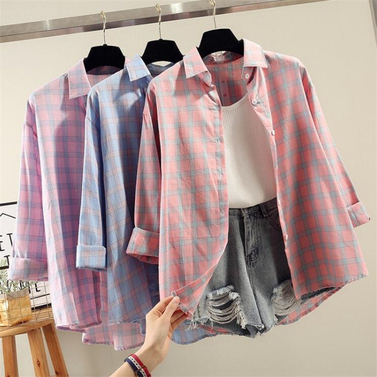 Wanita kemeja kotak kotak longgar Multicolor Tombol Lengan Wanita kemeja kotak kotak longgar Multicolor Tombol Lengan