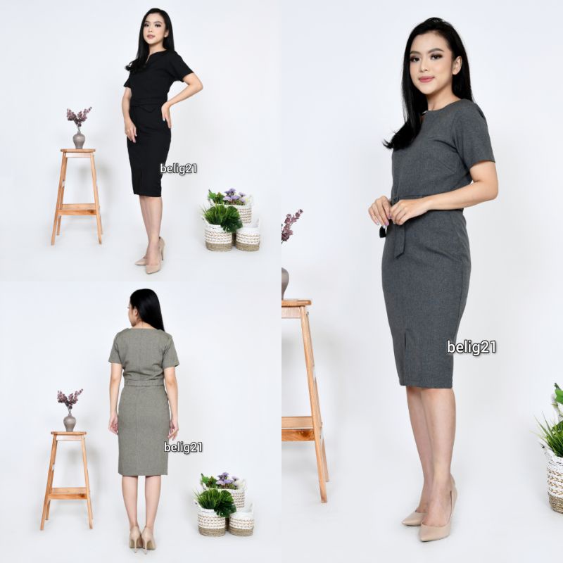 Dress Kerja Wanita Kantor lengan pendek Formal High Premium