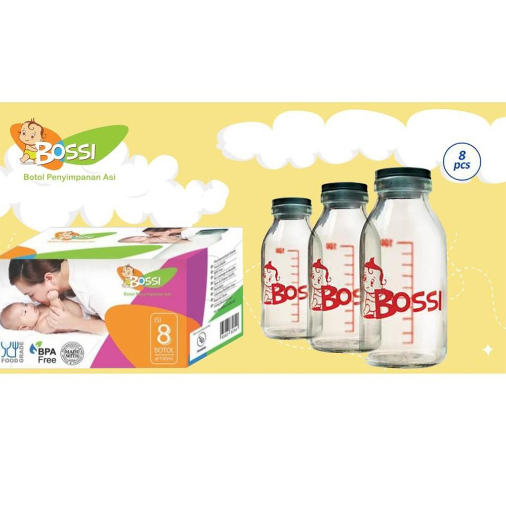 BOSSI Botol Asi Kaca 100 ml Isi 8pcs Botol Penyimpanan ASI