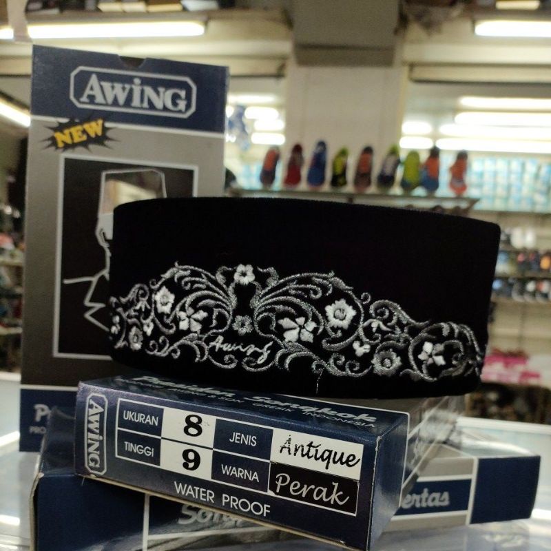 Peci Hitam 'AWING' AC motif bordir ANTIQUE PERAK Tinggi 9